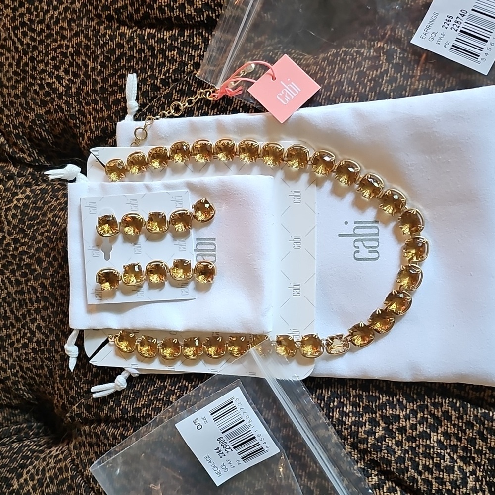 CAbi Gold "TWINKLE" NECKLACE & EARRING SET! Gold & Bronze Gems!